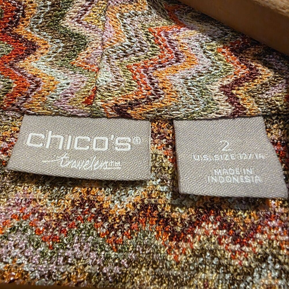 Chicos Travelers Cardigan Open Front Chevron Colorful 3/4 Sleeve Size 2 = L /12 - Picture 5 of 9